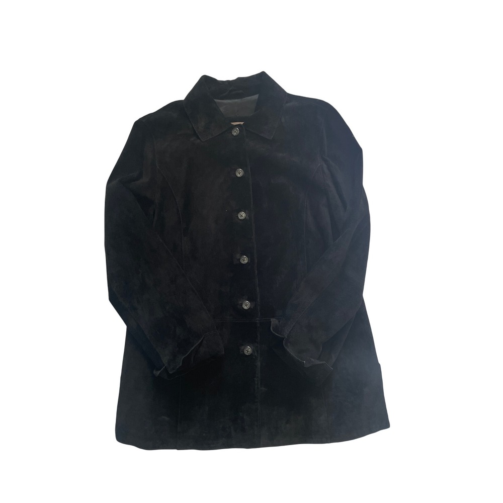 Black Suede Leather Jacket Button Front Shacket Size M by Valerie Separates